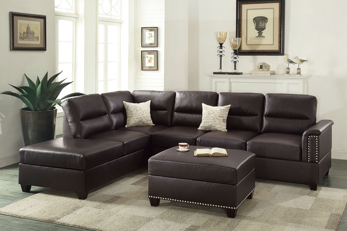 poundex bobkona 3 piece bonded leather sectional sofa